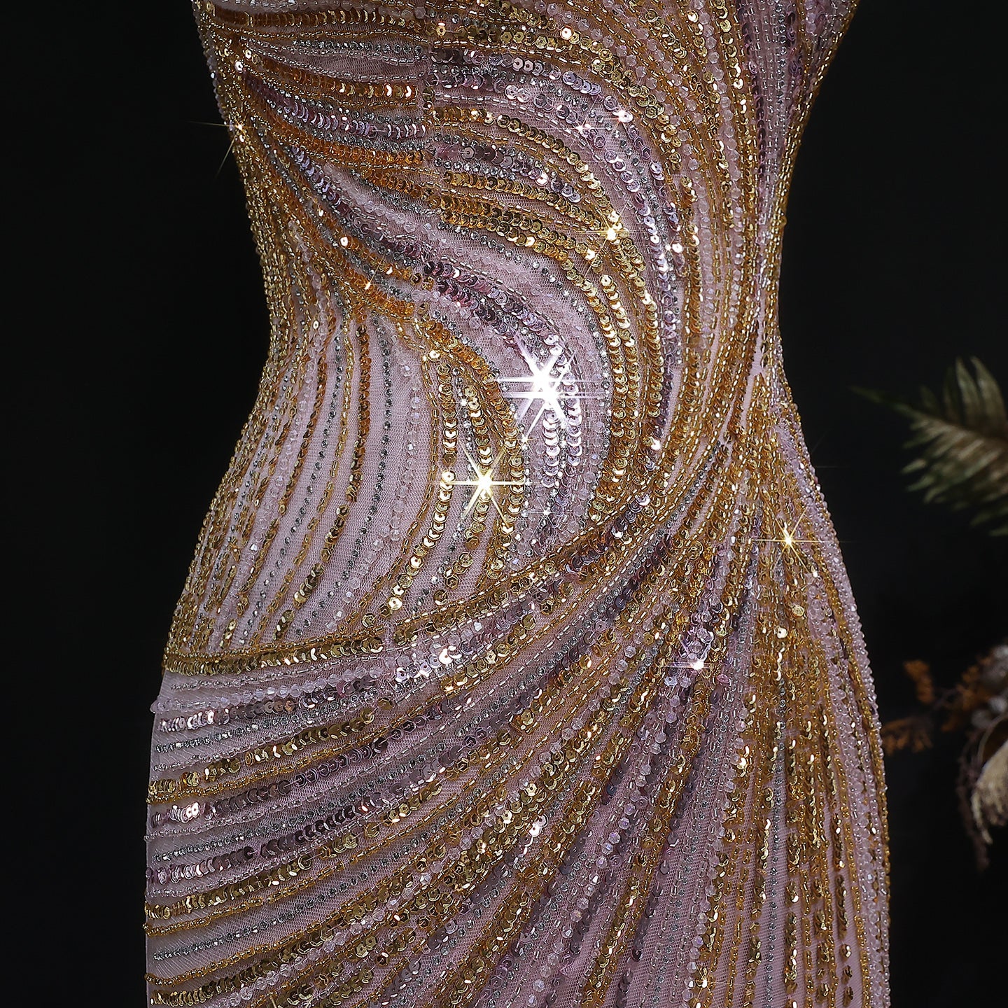 Elegant Gold Crystal Beaded High Slit Mermaid Evening Dress SS153