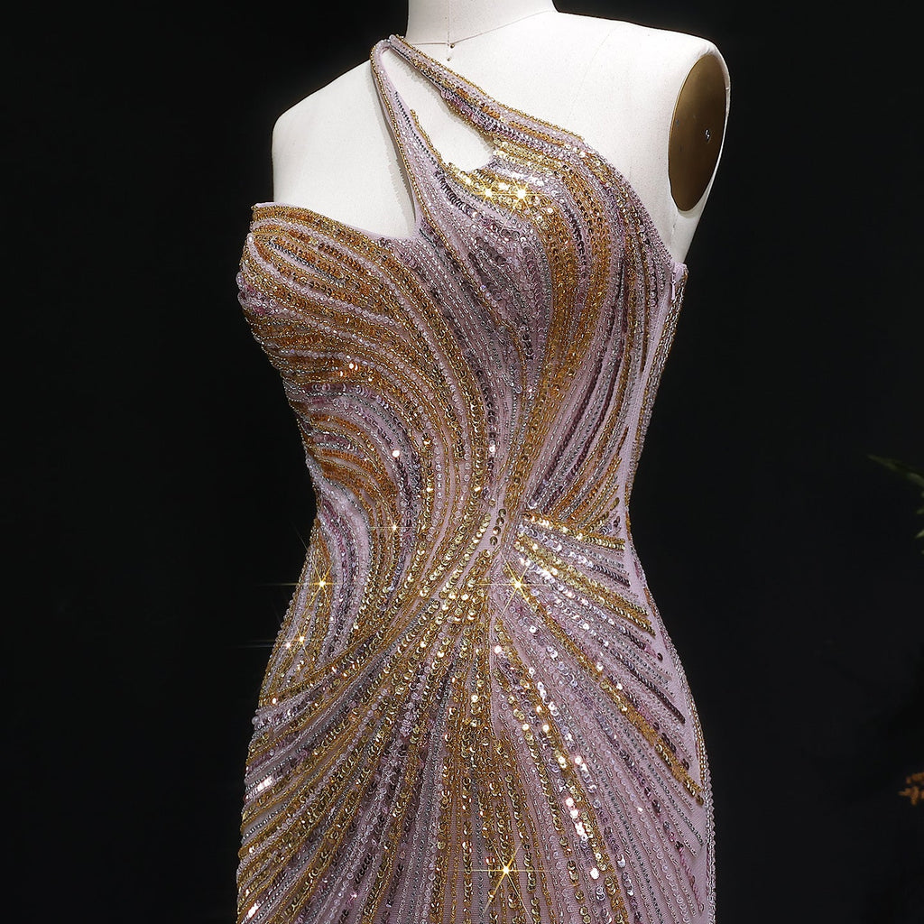 Elegant Gold Crystal Beaded High Slit Mermaid Evening Dress SS153