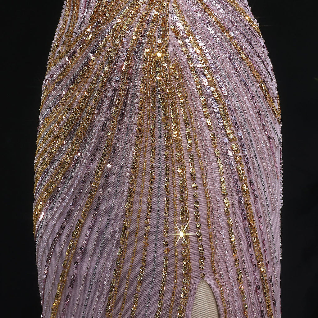 Elegant Gold Crystal Beaded High Slit Mermaid Evening Dress SS153