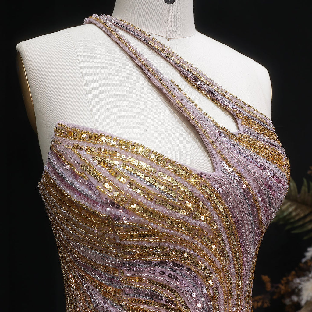 Elegant Gold Crystal Beaded High Slit Mermaid Evening Dress SS153