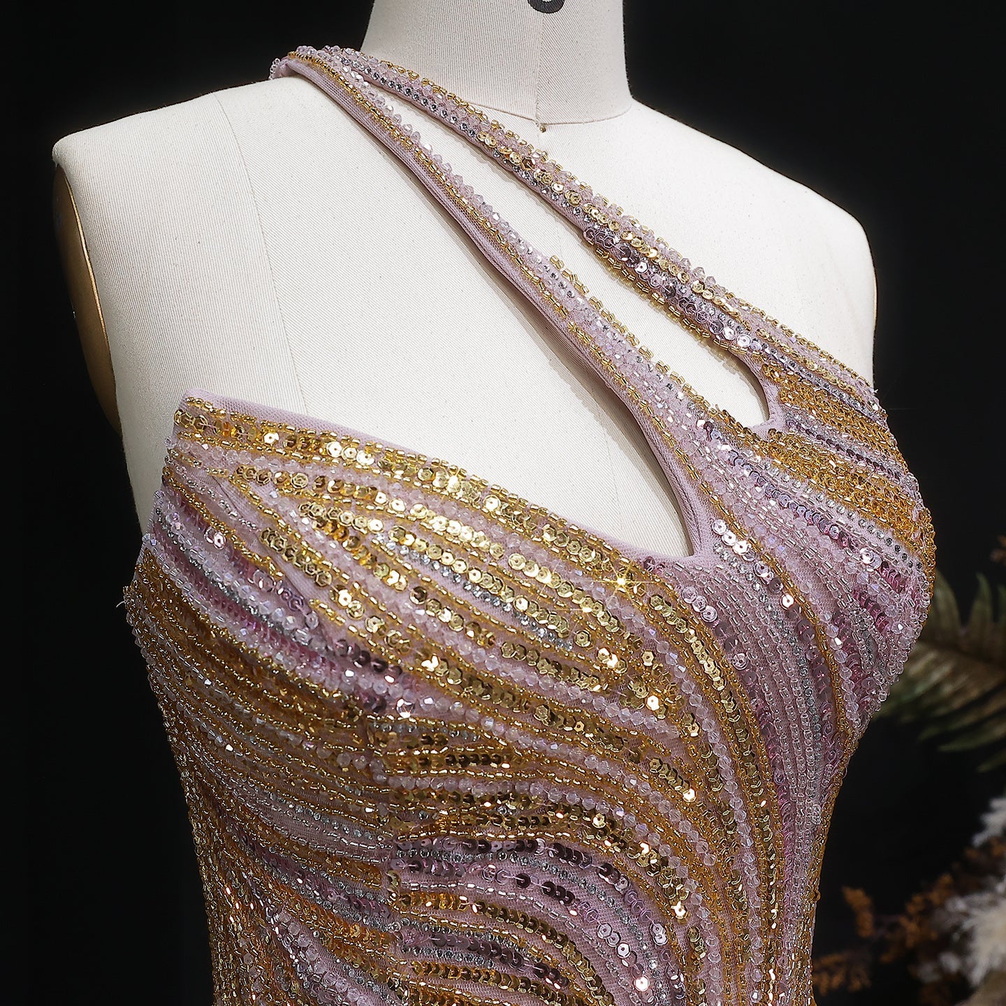 Elegant Gold Crystal Beaded High Slit Mermaid Evening Dress SS153