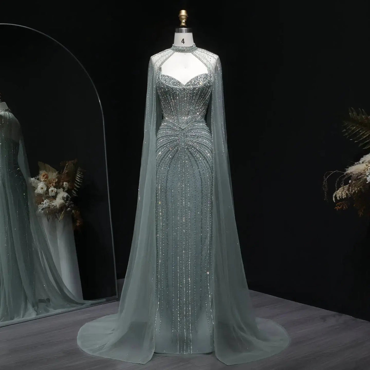 Luxury Mermaid Beaded Evening Dress with Cape SS156