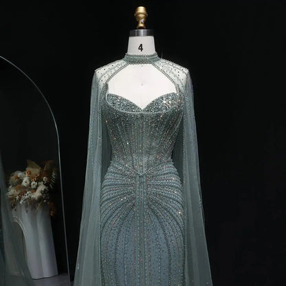 Luxury Mermaid Beaded Evening Dress with Cape SS156