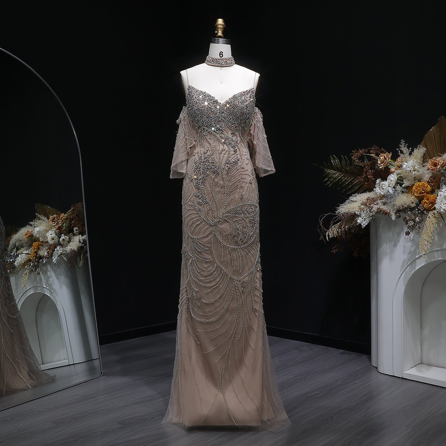 Luxury Champagne Beaded Mermaid Evening Dress with Choker SS164