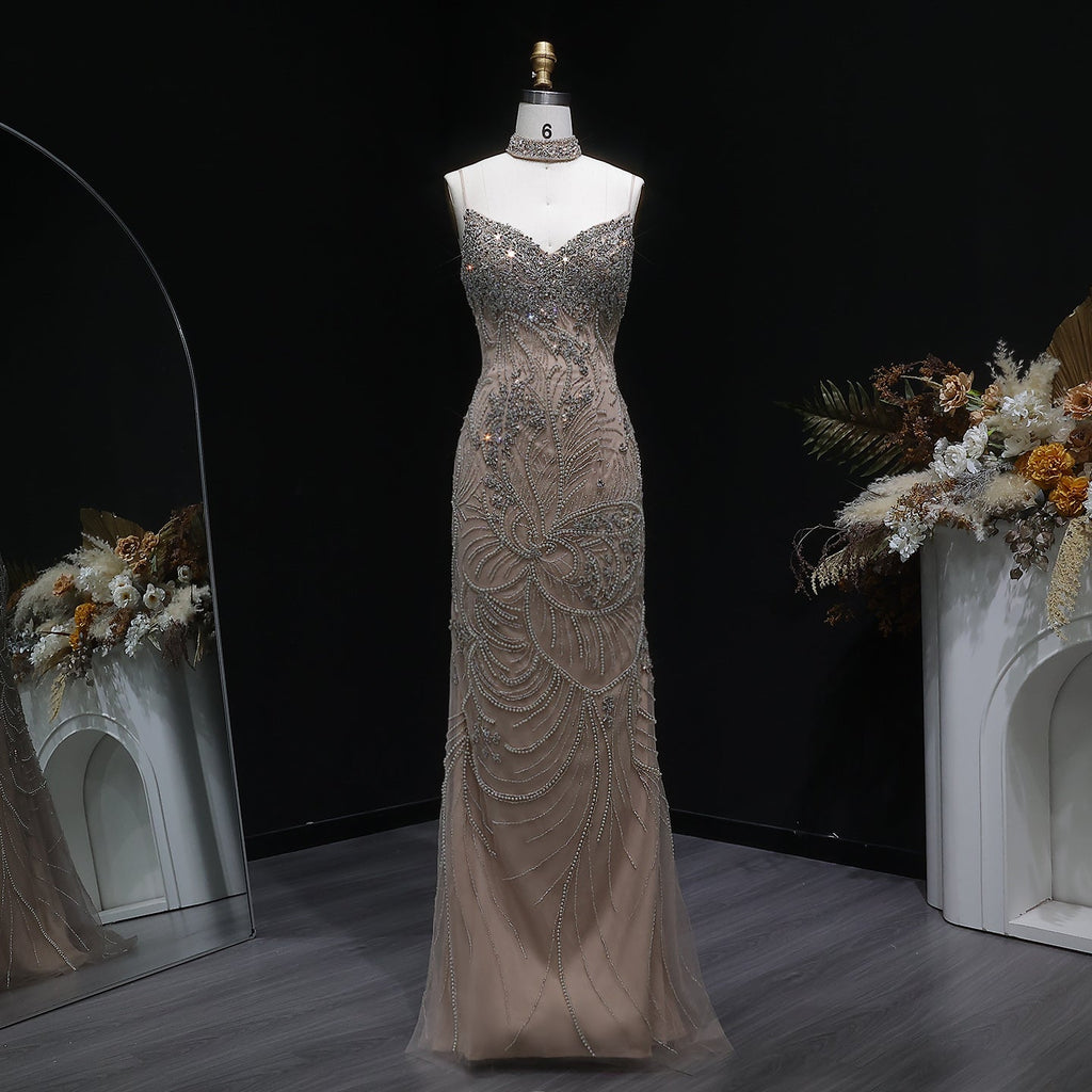 Luxury Champagne Beaded Mermaid Evening Dress with Choker SS164