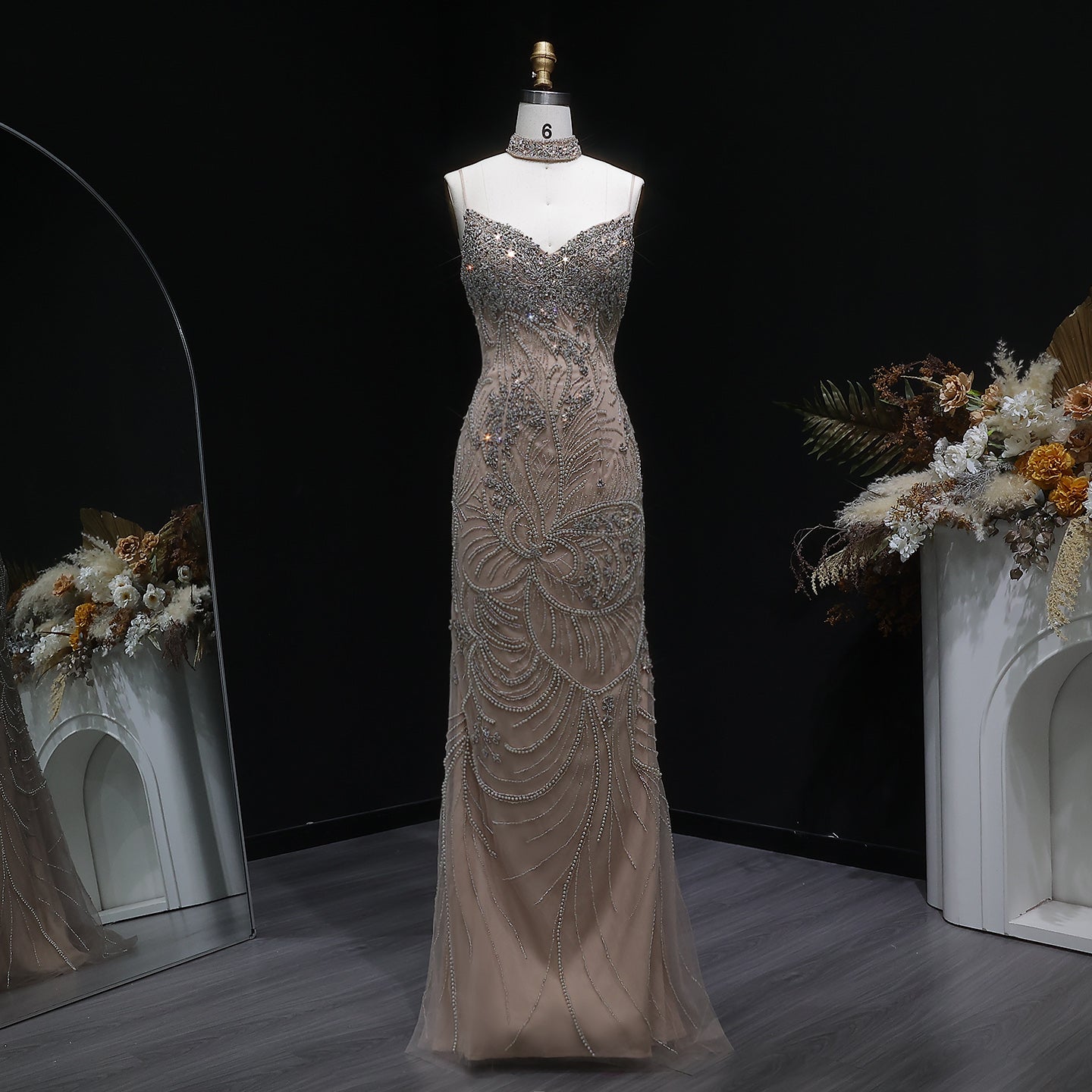 Luxury Champagne Beaded Mermaid Evening Dress with Choker SS164