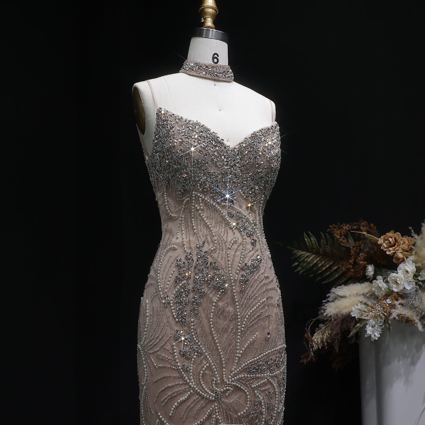Luxury Champagne Beaded Mermaid Evening Dress with Choker SS164