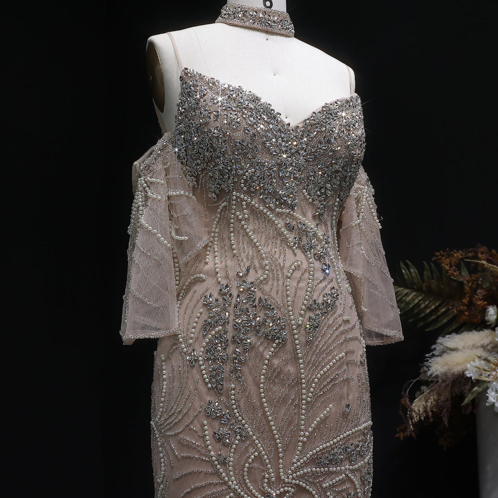 Luxury Champagne Beaded Mermaid Evening Dress with Choker SS164