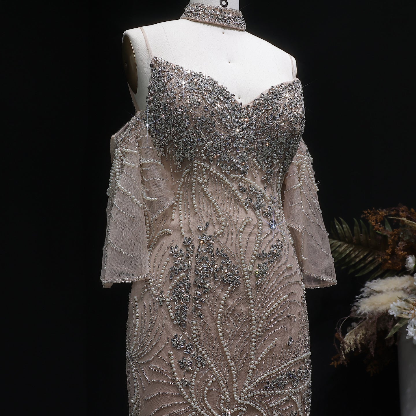 Luxury Champagne Beaded Mermaid Evening Dress with Choker SS164