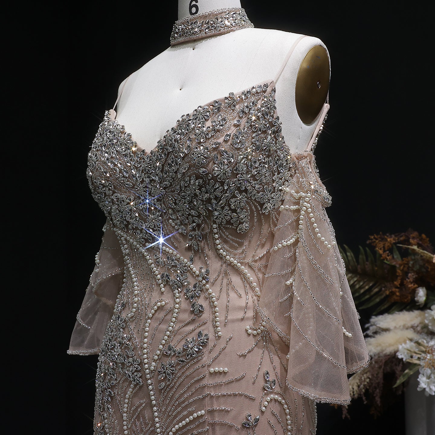 Luxury Champagne Beaded Mermaid Evening Dress with Choker SS164