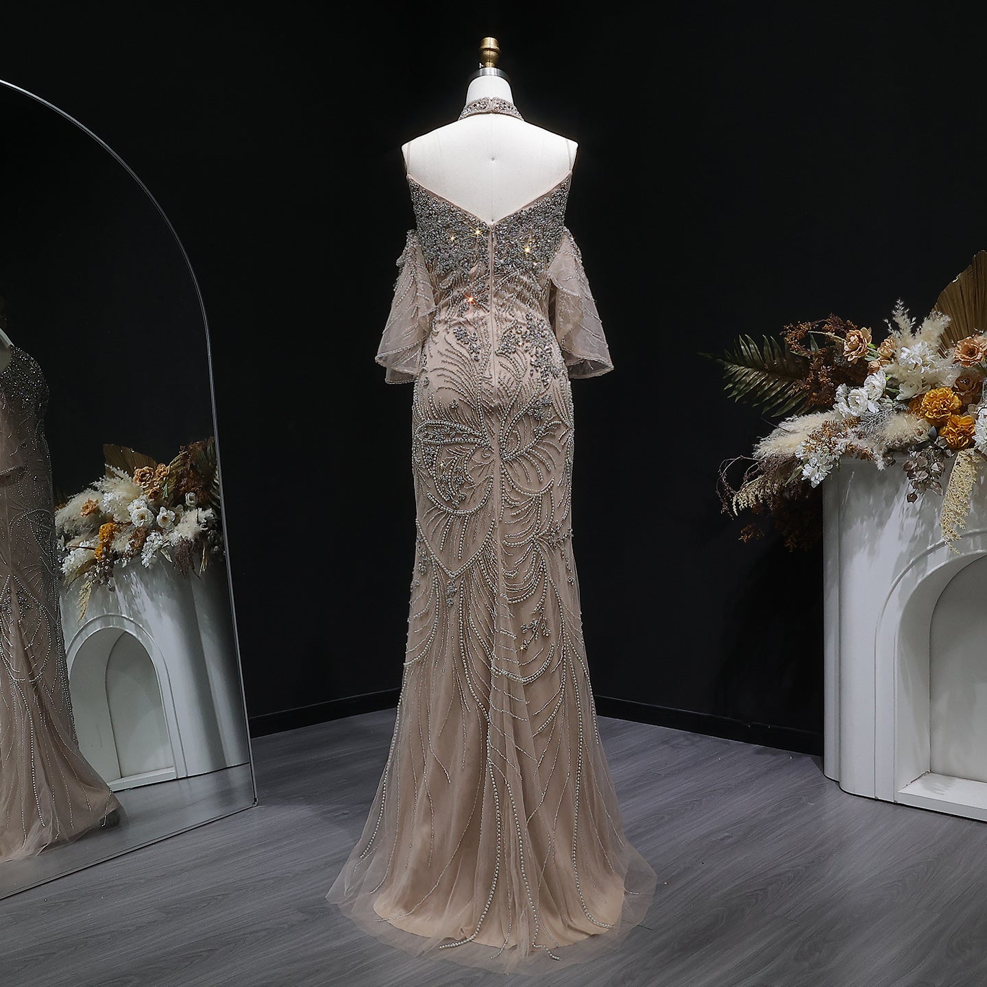 Luxury Champagne Beaded Mermaid Evening Dress with Choker SS164