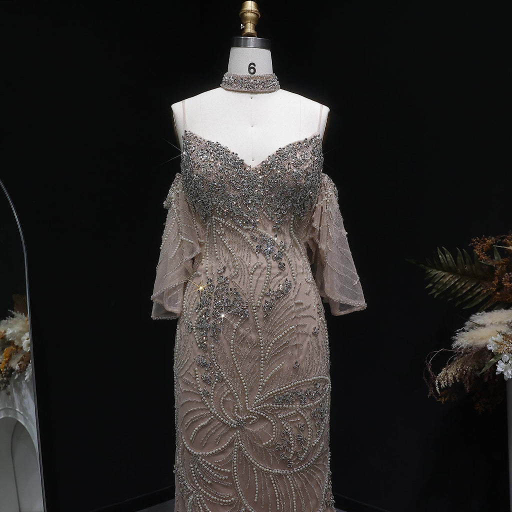 Luxury Champagne Beaded Mermaid Evening Dress with Choker SS164