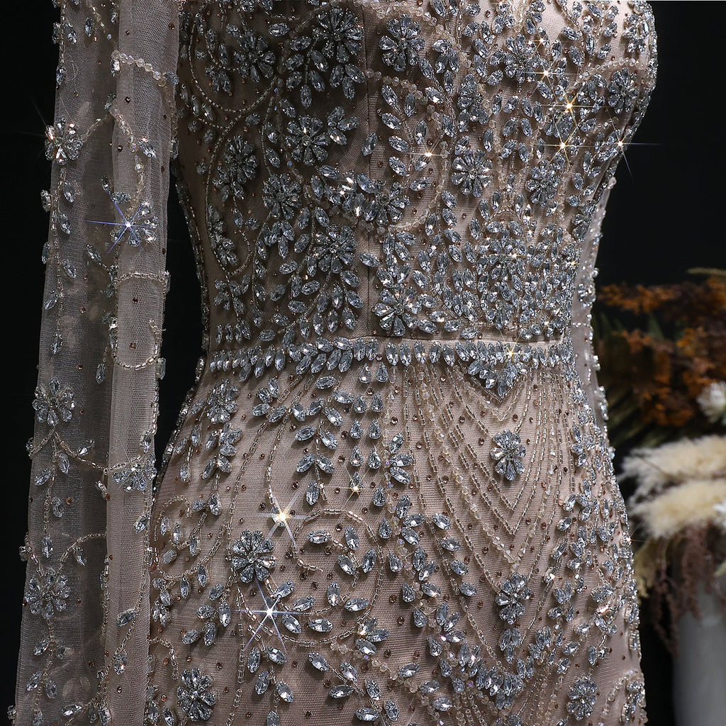 Elegant Turquoise Beaded Long Sleeve Evening Dress with Neck Ring SS181