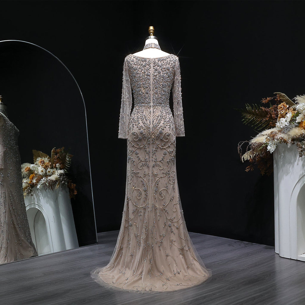 Elegant Turquoise Beaded Long Sleeve Evening Dress with Neck Ring SS181