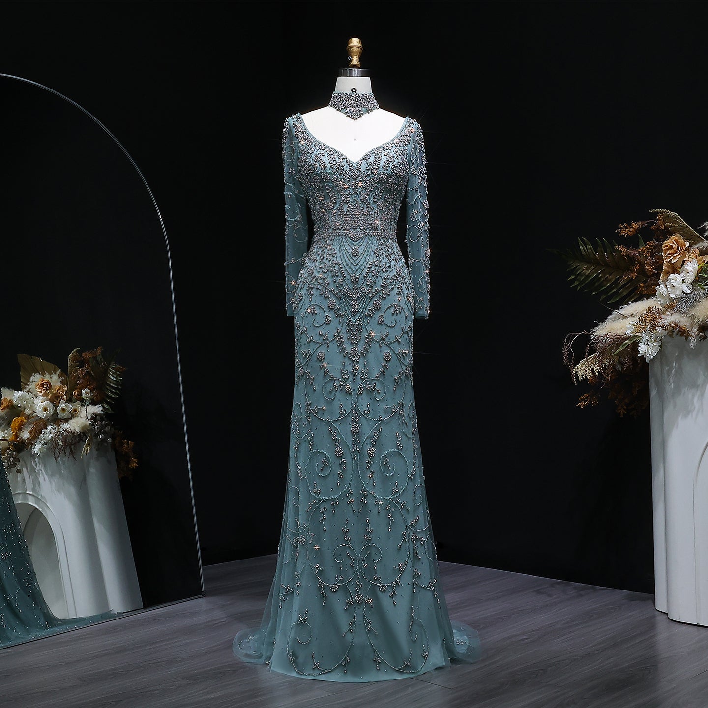 Elegant Turquoise Beaded Long Sleeve Evening Dress with Neck Ring SS181