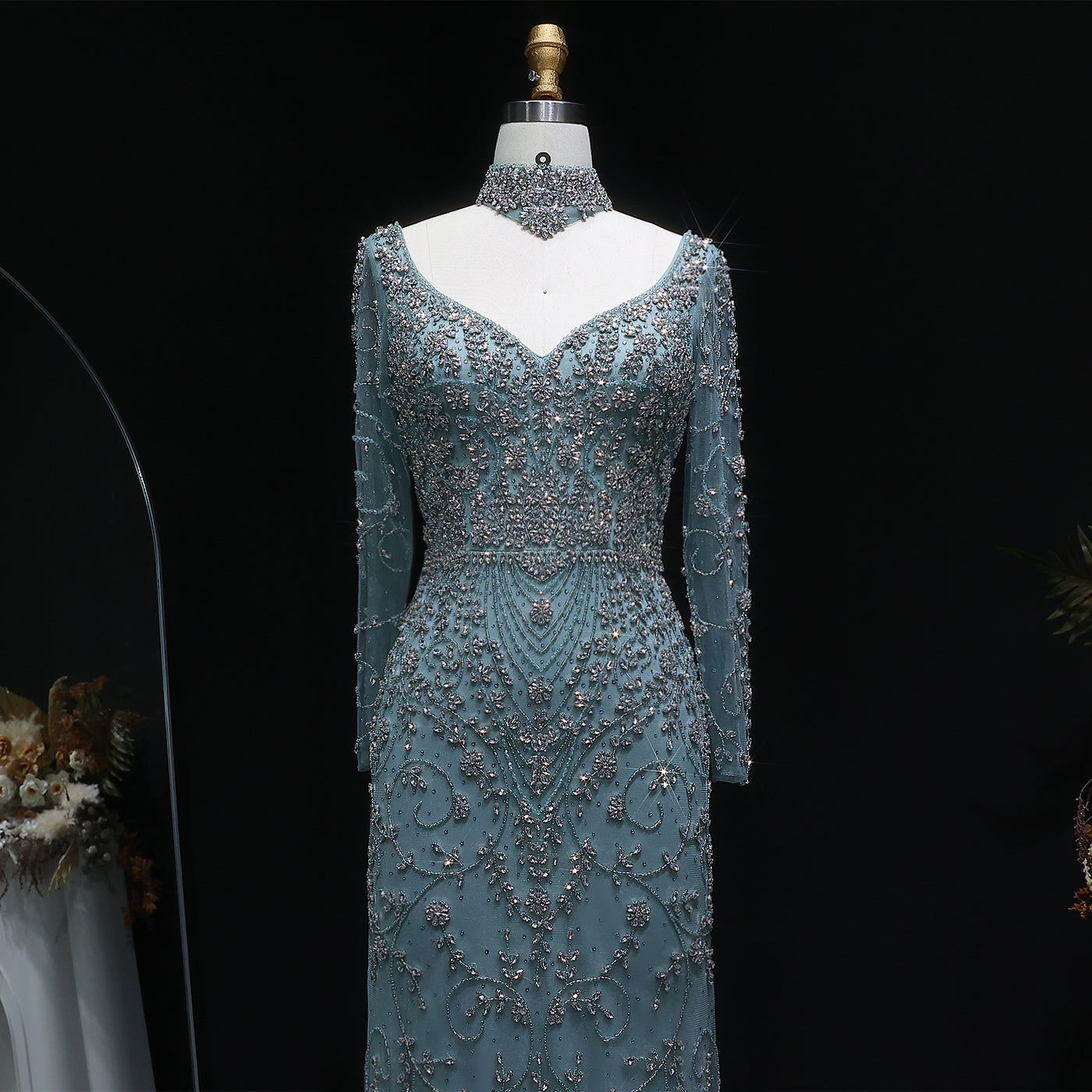 Elegant Turquoise Beaded Long Sleeve Evening Dress with Neck Ring SS181