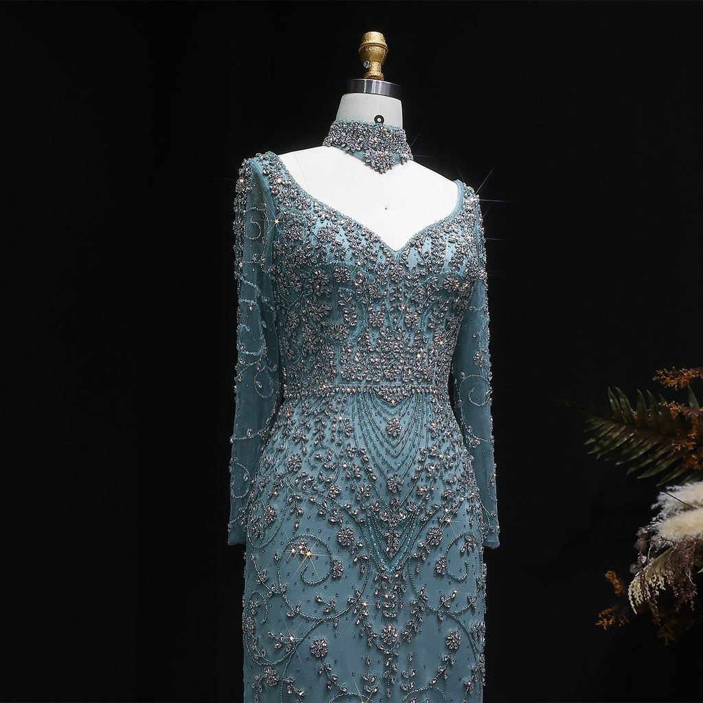Elegant Turquoise Beaded Long Sleeve Evening Dress with Neck Ring SS181