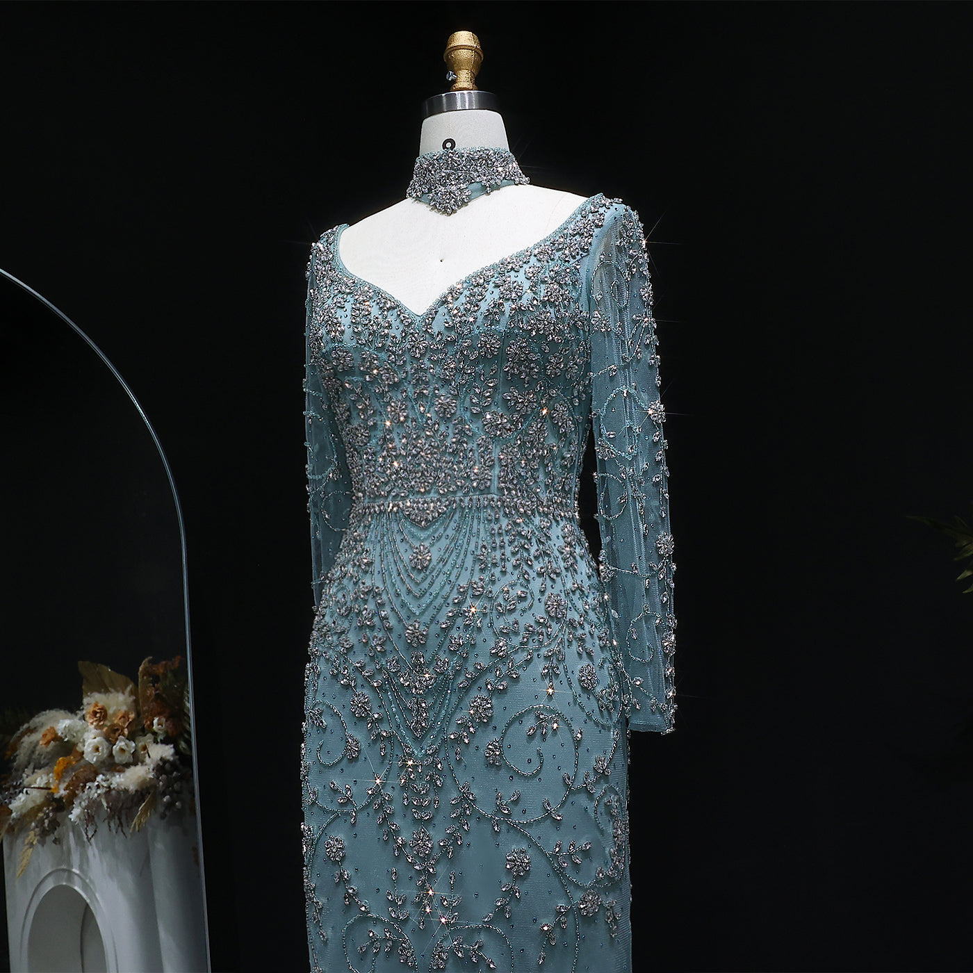 Elegant Turquoise Beaded Long Sleeve Evening Dress with Neck Ring SS181