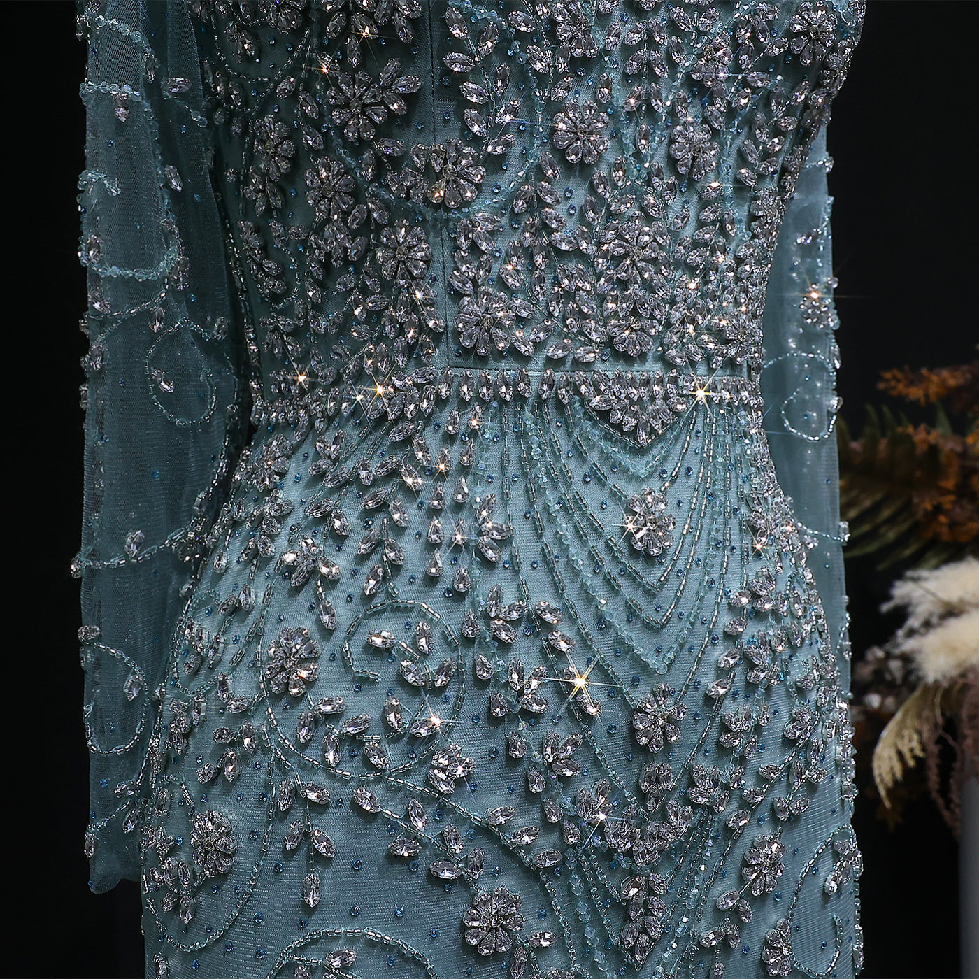 Elegant Turquoise Beaded Long Sleeve Evening Dress with Neck Ring SS181