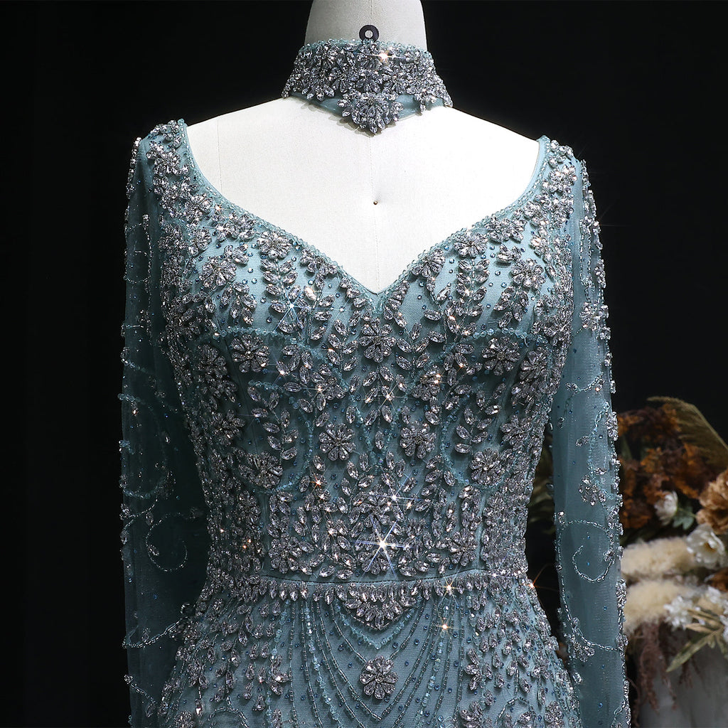 Elegant Turquoise Beaded Long Sleeve Evening Dress with Neck Ring SS181