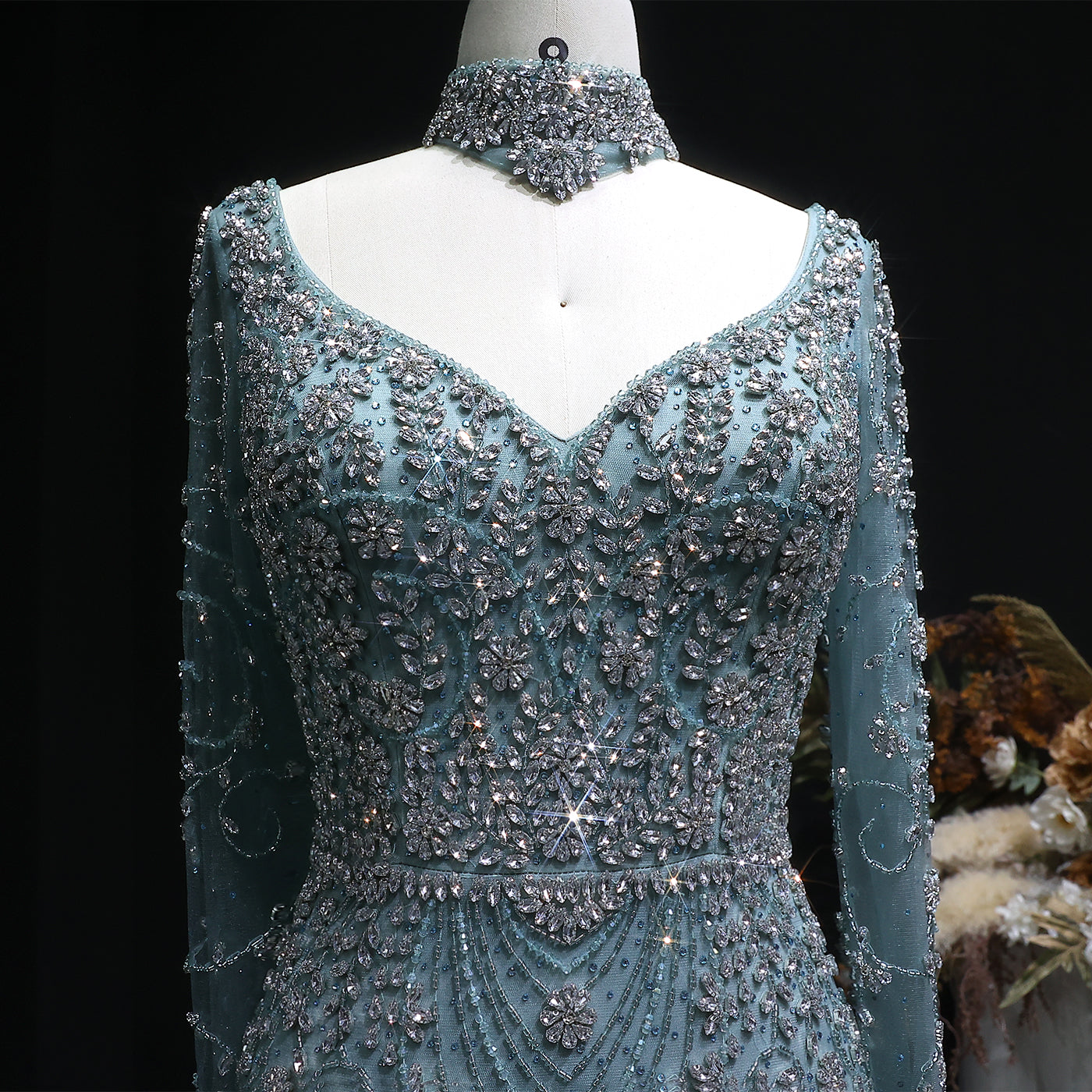 Elegant Turquoise Beaded Long Sleeve Evening Dress with Neck Ring SS181