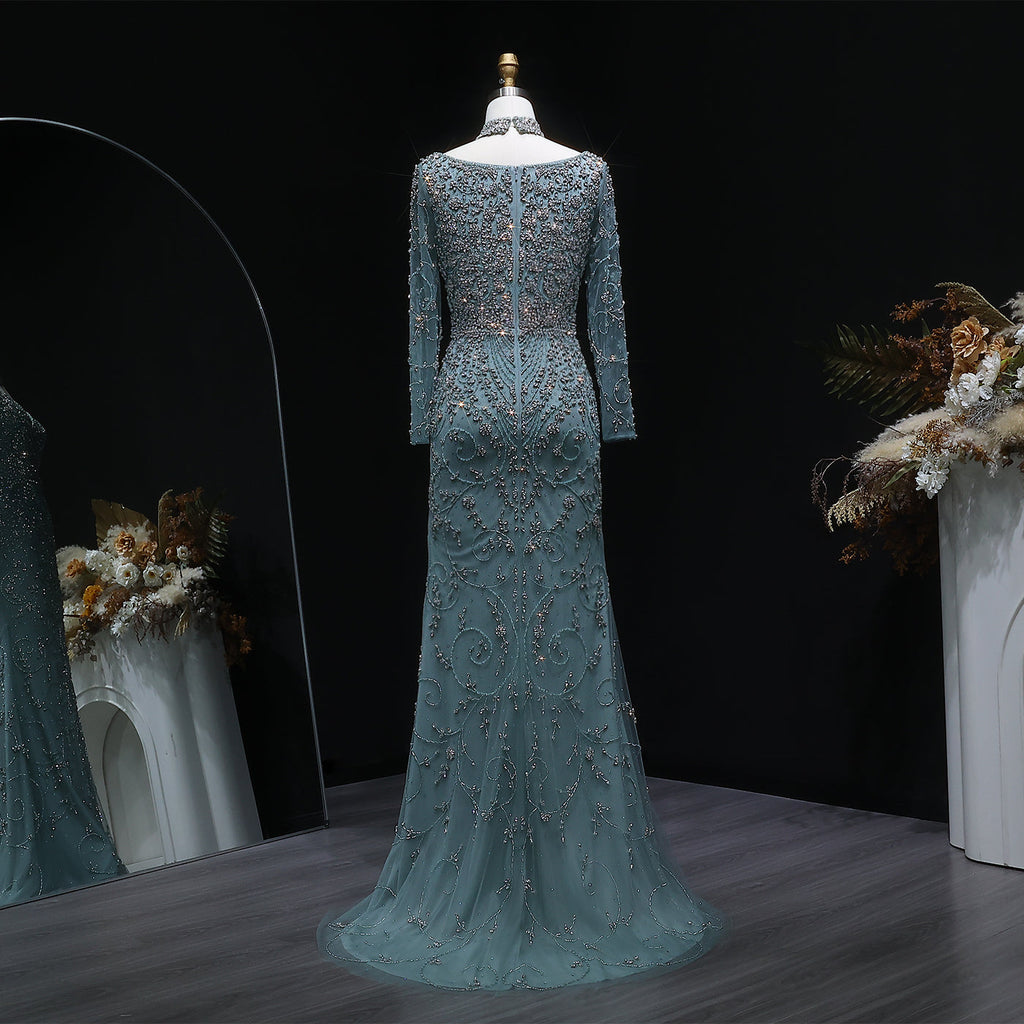 Elegant Turquoise Beaded Long Sleeve Evening Dress with Neck Ring SS181