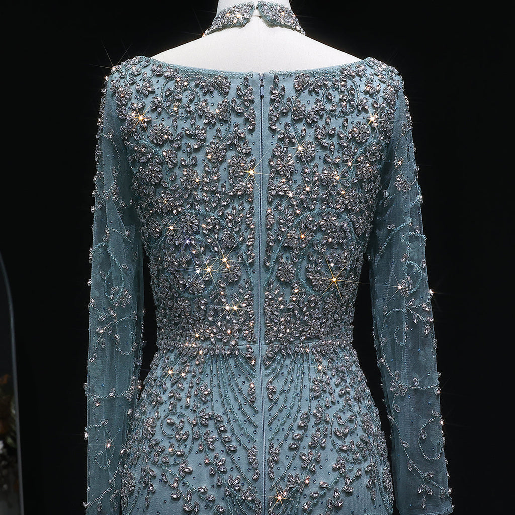Elegant Turquoise Beaded Long Sleeve Evening Dress with Neck Ring SS181
