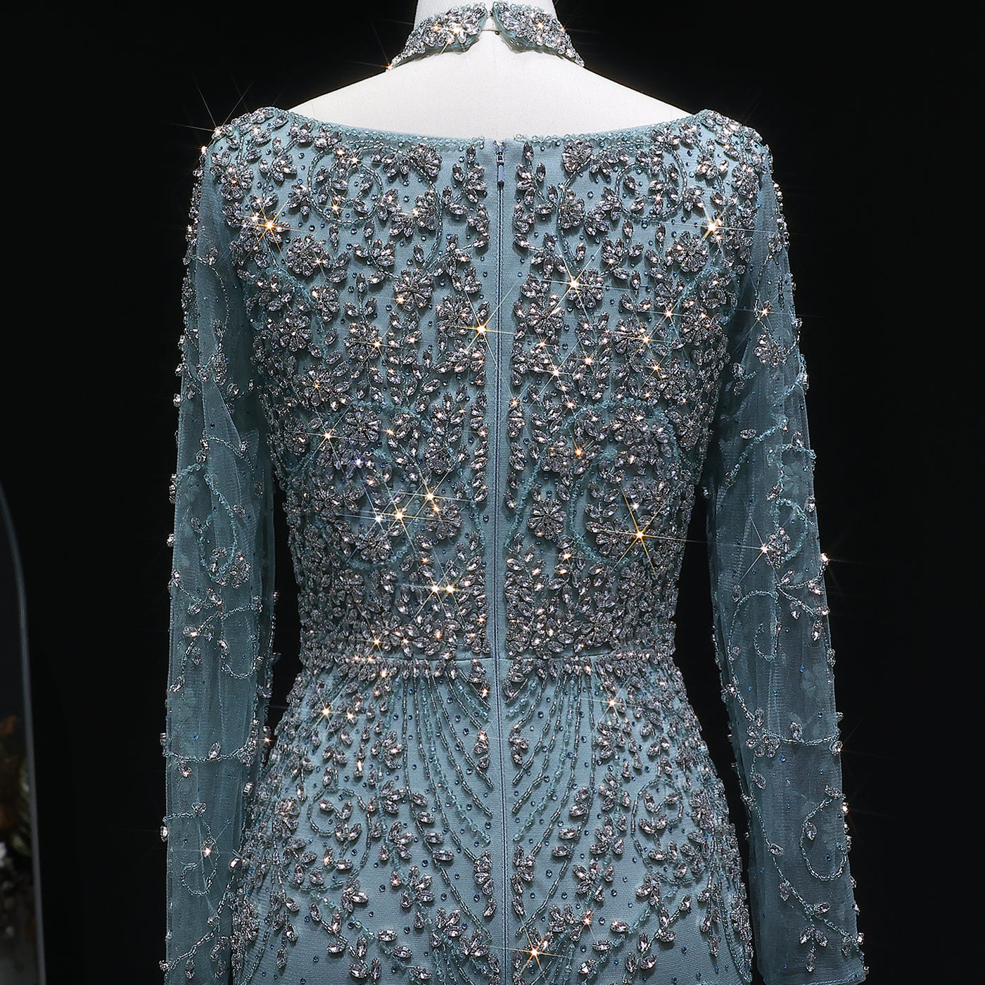 Elegant Turquoise Beaded Long Sleeve Evening Dress with Neck Ring SS181