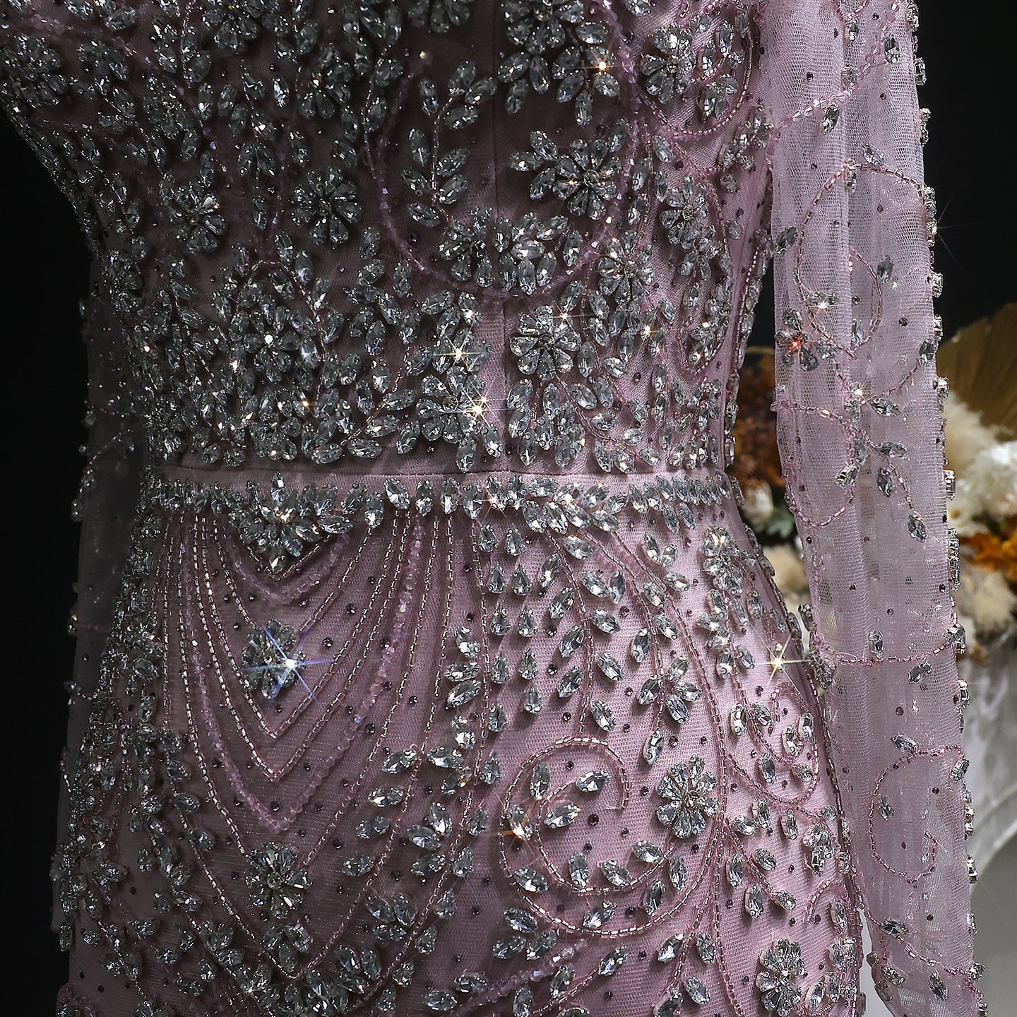 Elegant Turquoise Beaded Long Sleeve Evening Dress with Neck Ring SS181