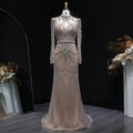Luxury Champagne Beaded Crystal Long Sleeve Evening Dress SS186