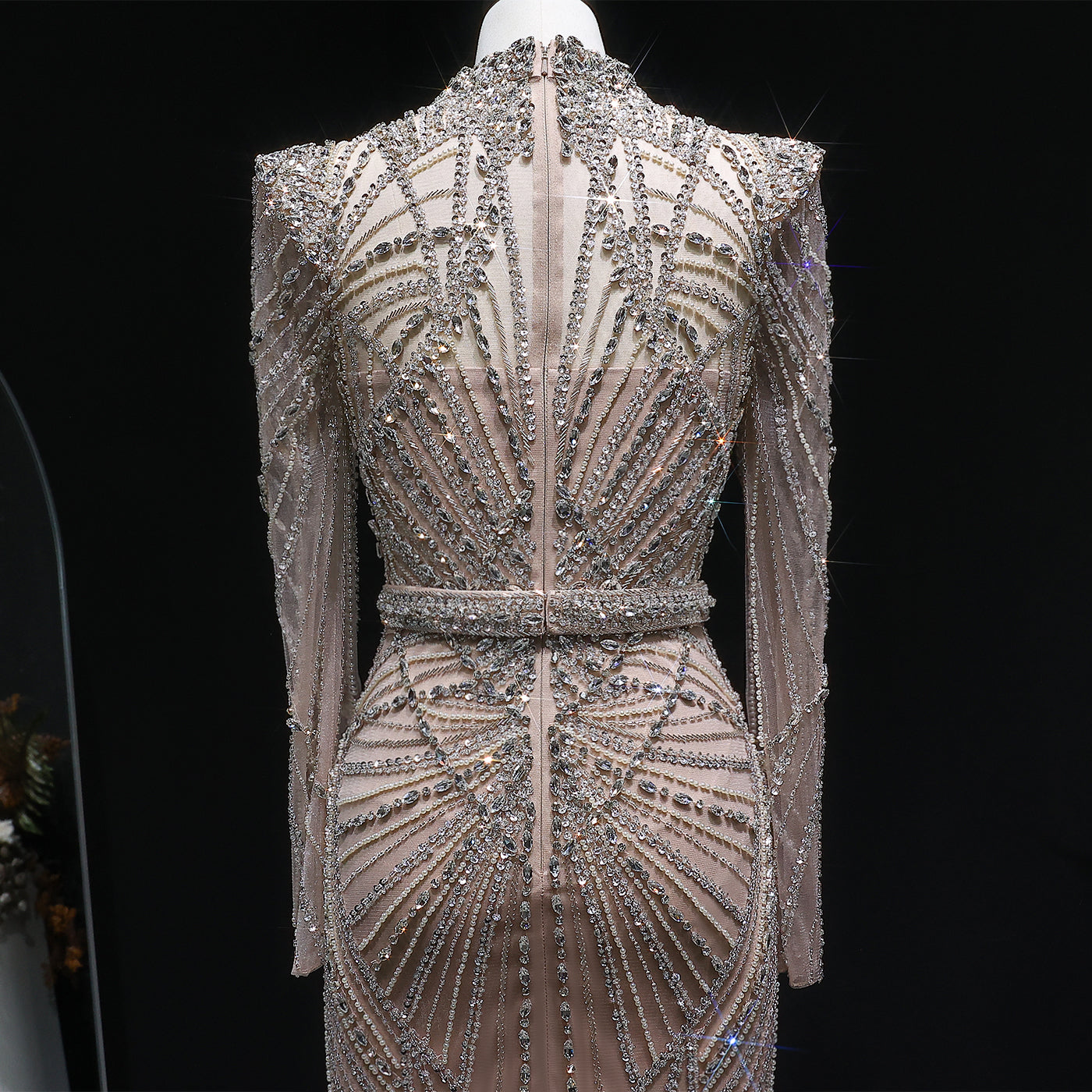 Luxury Champagne Beaded Crystal Long Sleeve Evening Dress SS186