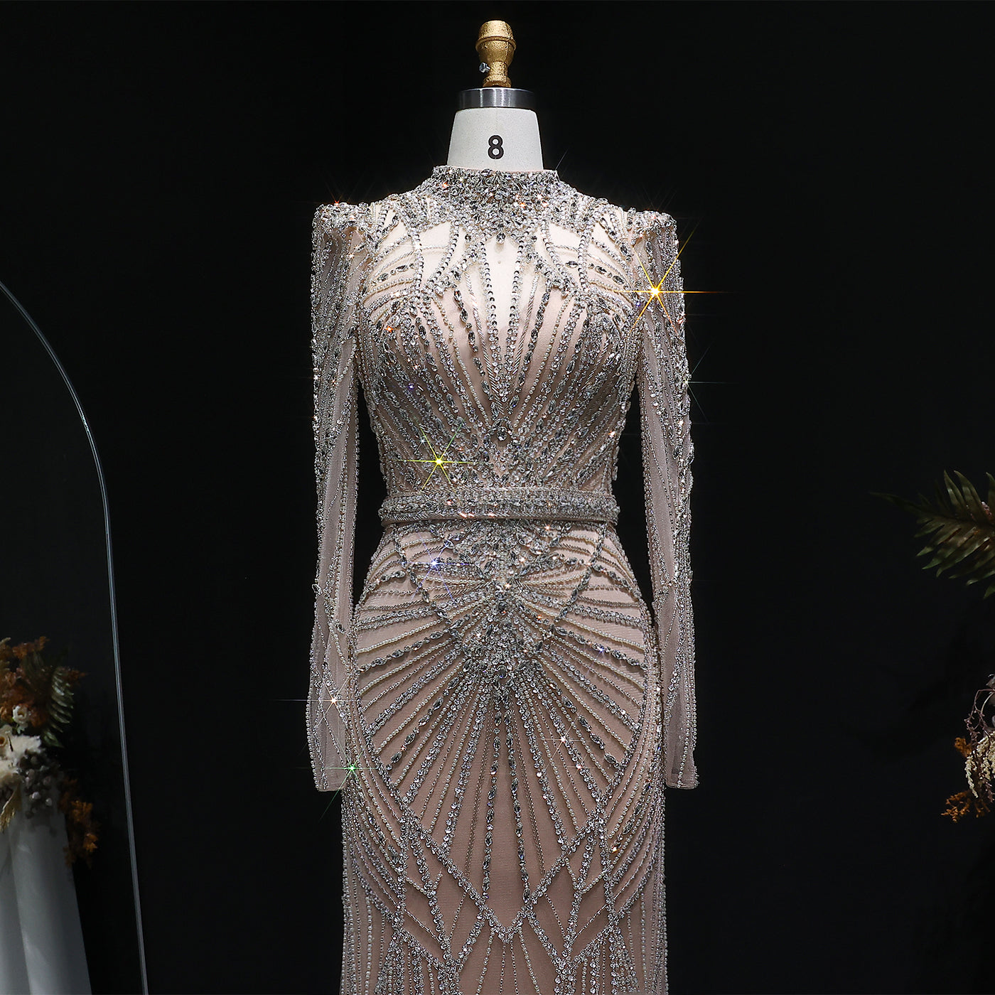 Luxury Champagne Beaded Crystal Long Sleeve Evening Dress SS186