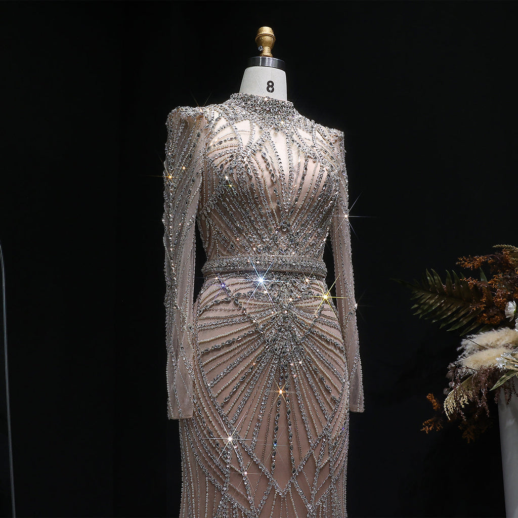 Luxury Champagne Beaded Crystal Long Sleeve Evening Dress SS186