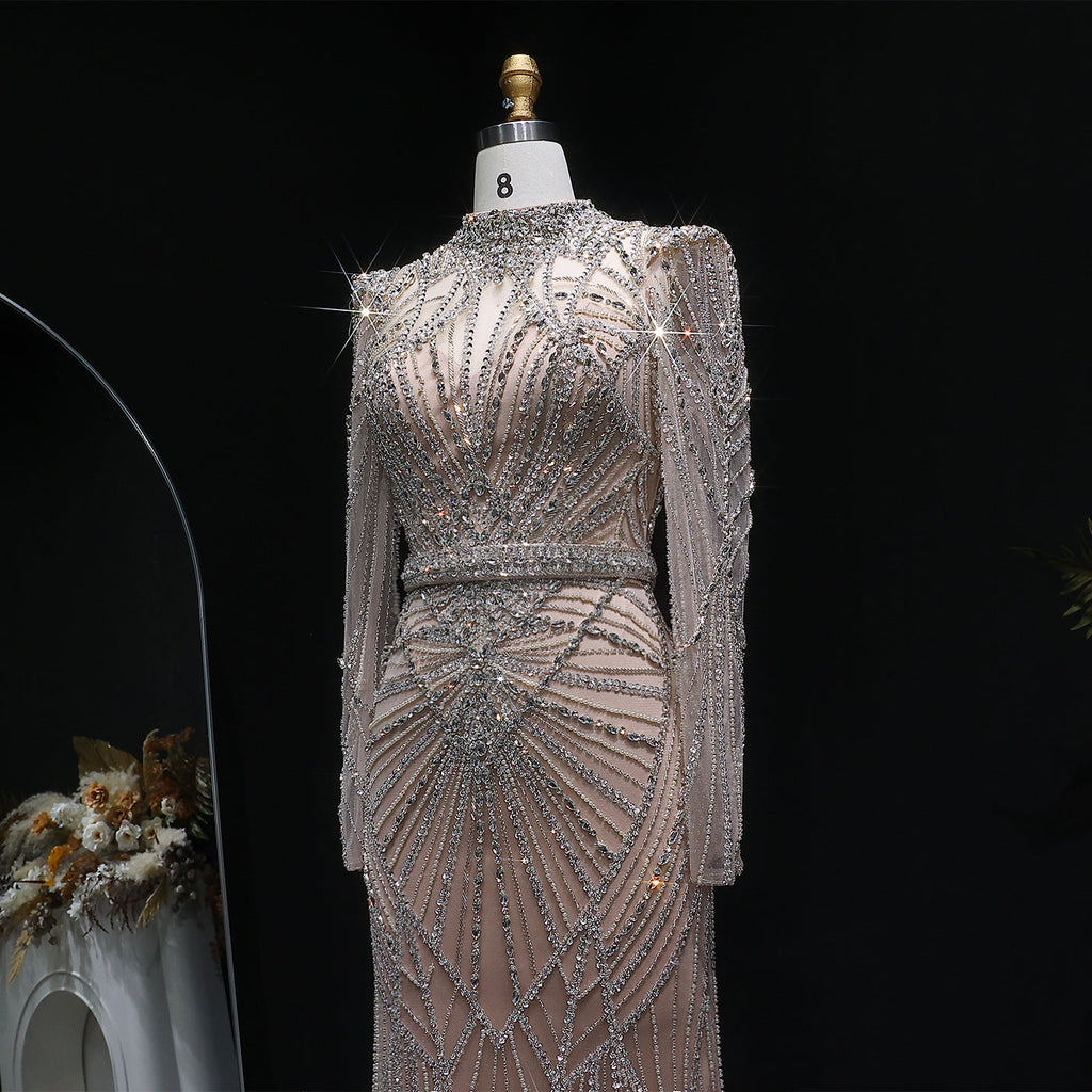 Luxury Champagne Beaded Crystal Long Sleeve Evening Dress SS186