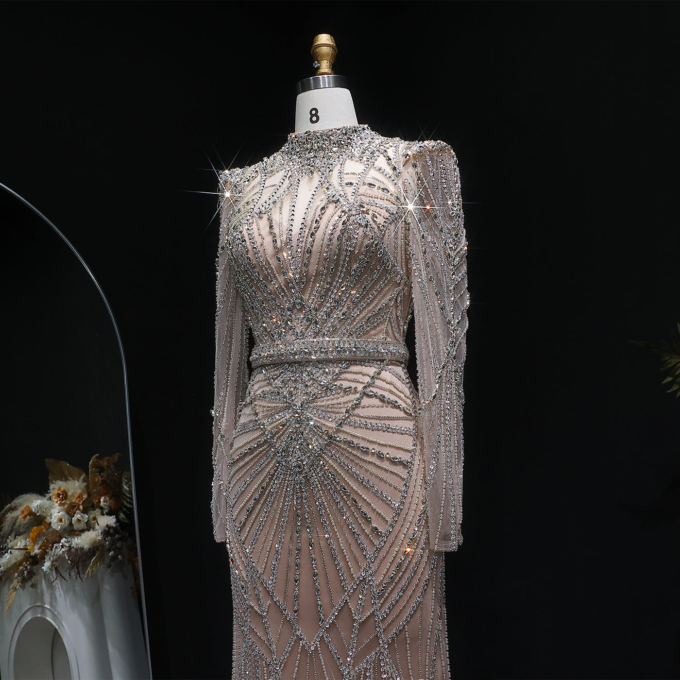 Luxury Champagne Beaded Crystal Long Sleeve Evening Dress SS186