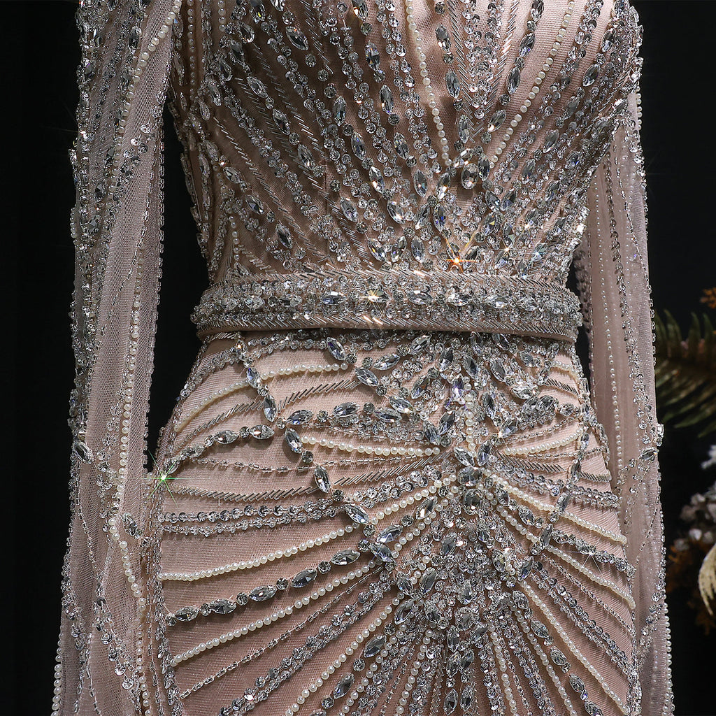 Luxury Champagne Beaded Crystal Long Sleeve Evening Dress SS186