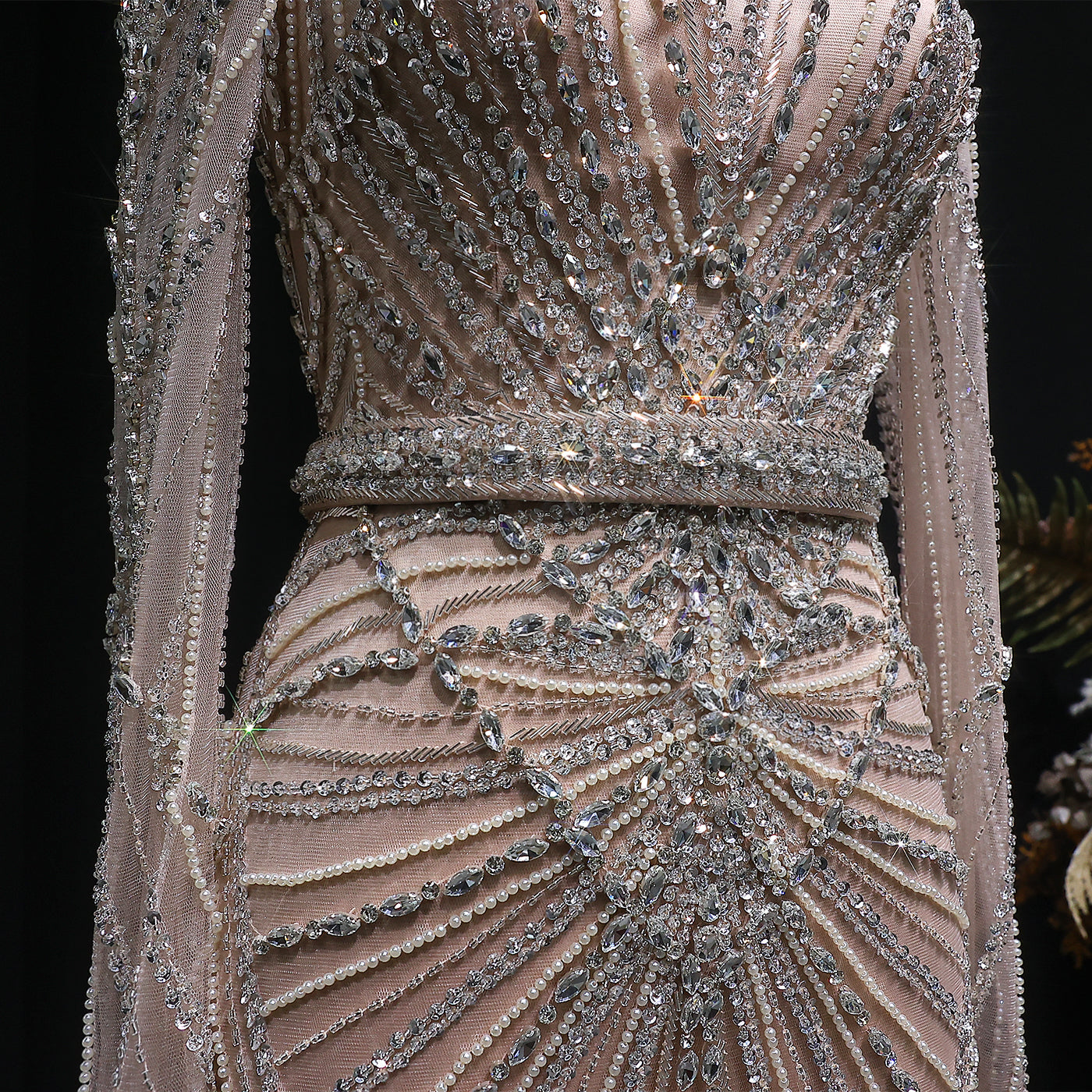 Luxury Champagne Beaded Crystal Long Sleeve Evening Dress SS186