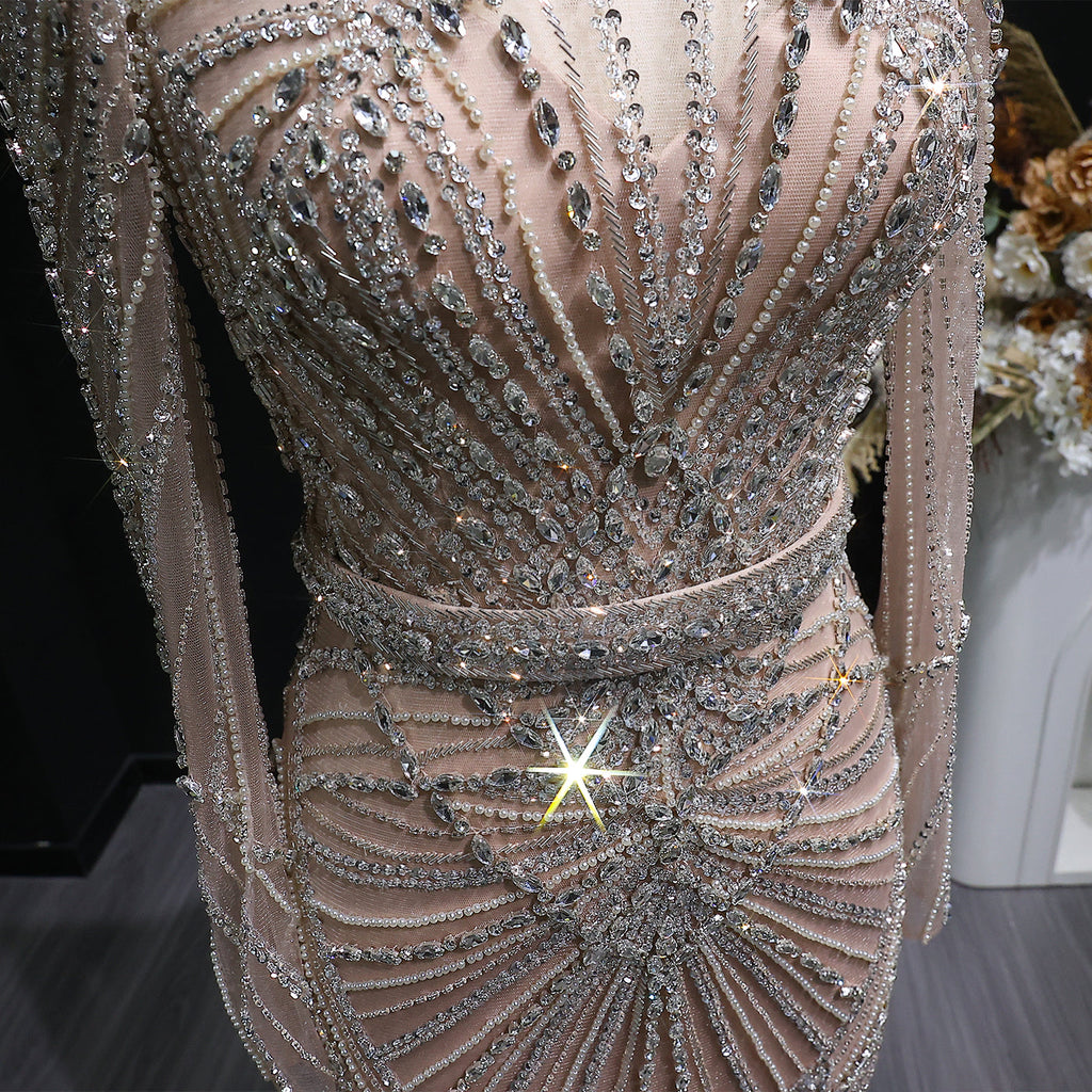Luxury Champagne Beaded Crystal Long Sleeve Evening Dress SS186
