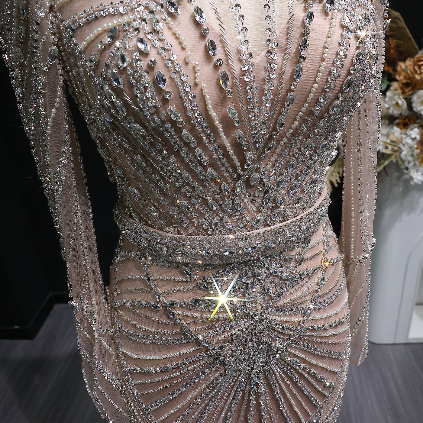 Luxury Champagne Beaded Crystal Long Sleeve Evening Dress SS186