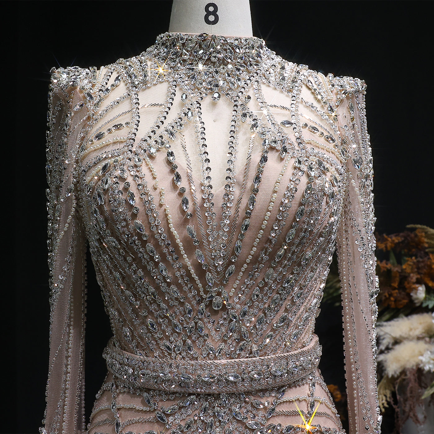 Luxury Champagne Beaded Crystal Long Sleeve Evening Dress SS186