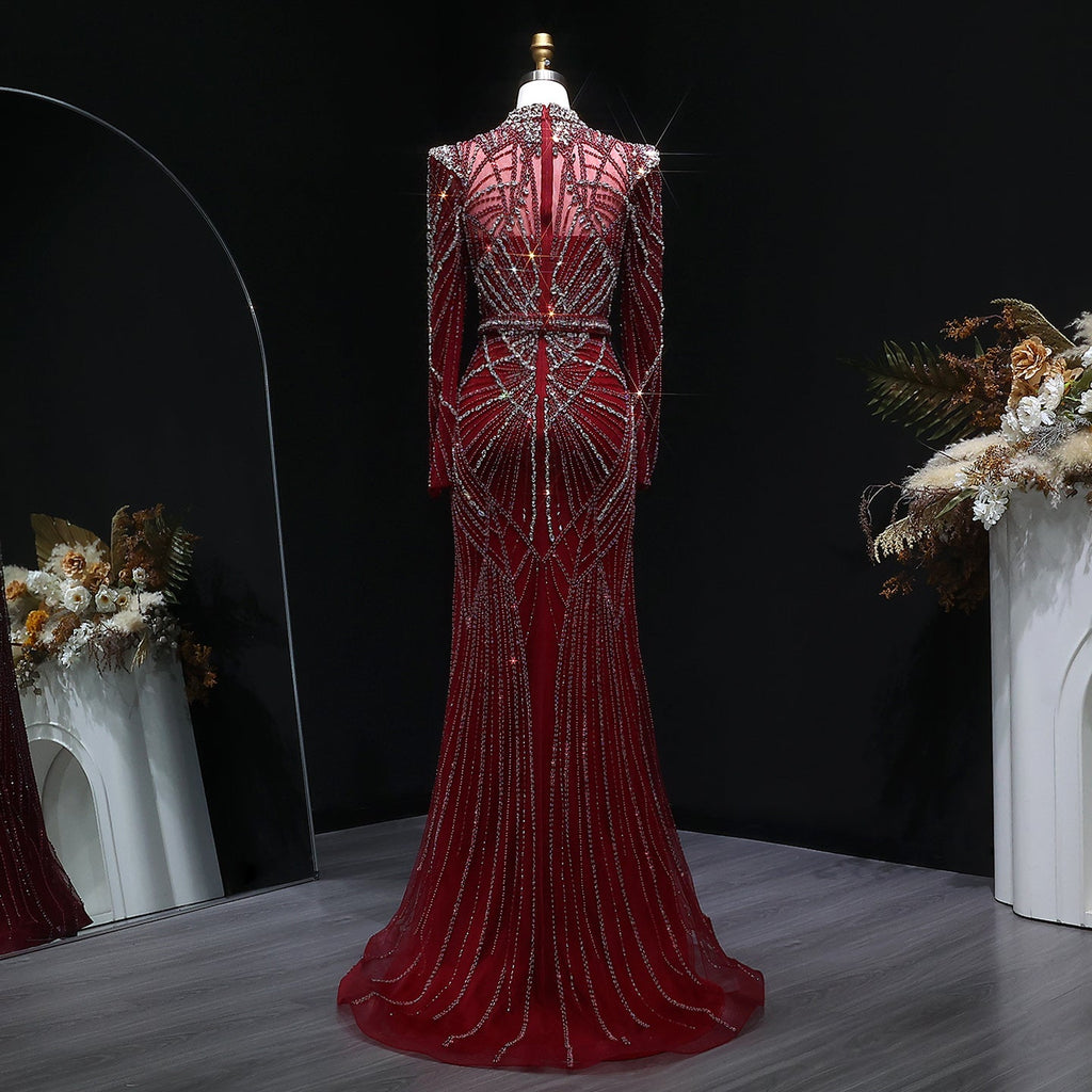 Luxury Champagne Beaded Crystal Long Sleeve Evening Dress SS186
