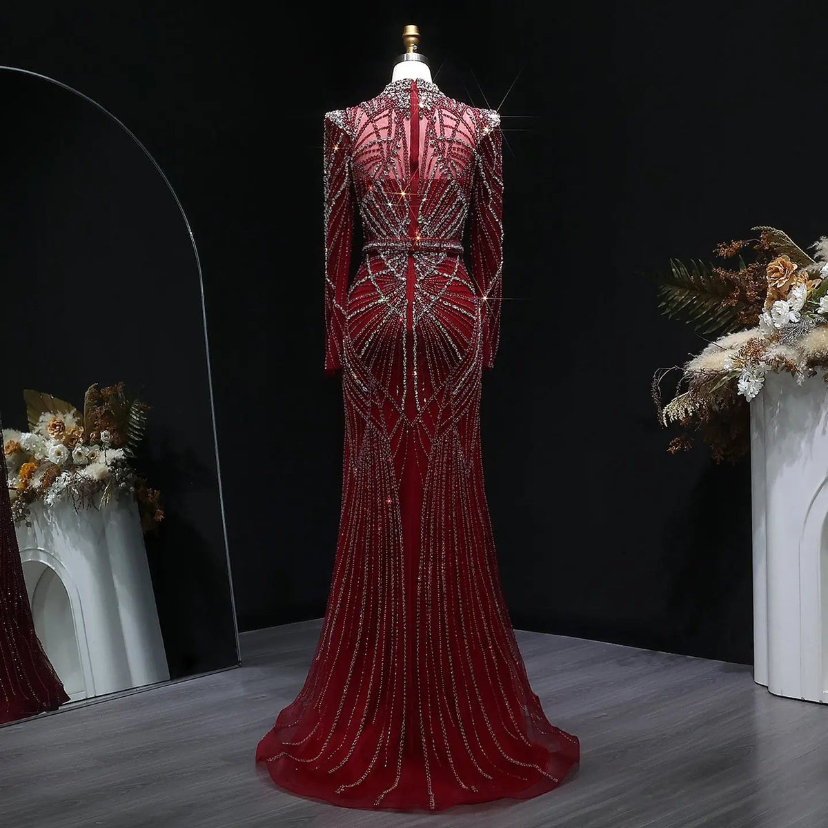 Luxury Wine Red Beaded Crystal Long Sleeve Evening Dress SS186
