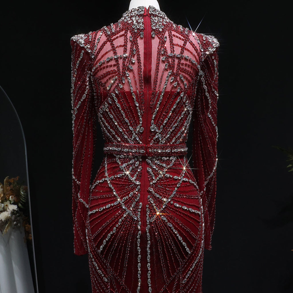 Luxury Champagne Beaded Crystal Long Sleeve Evening Dress SS186