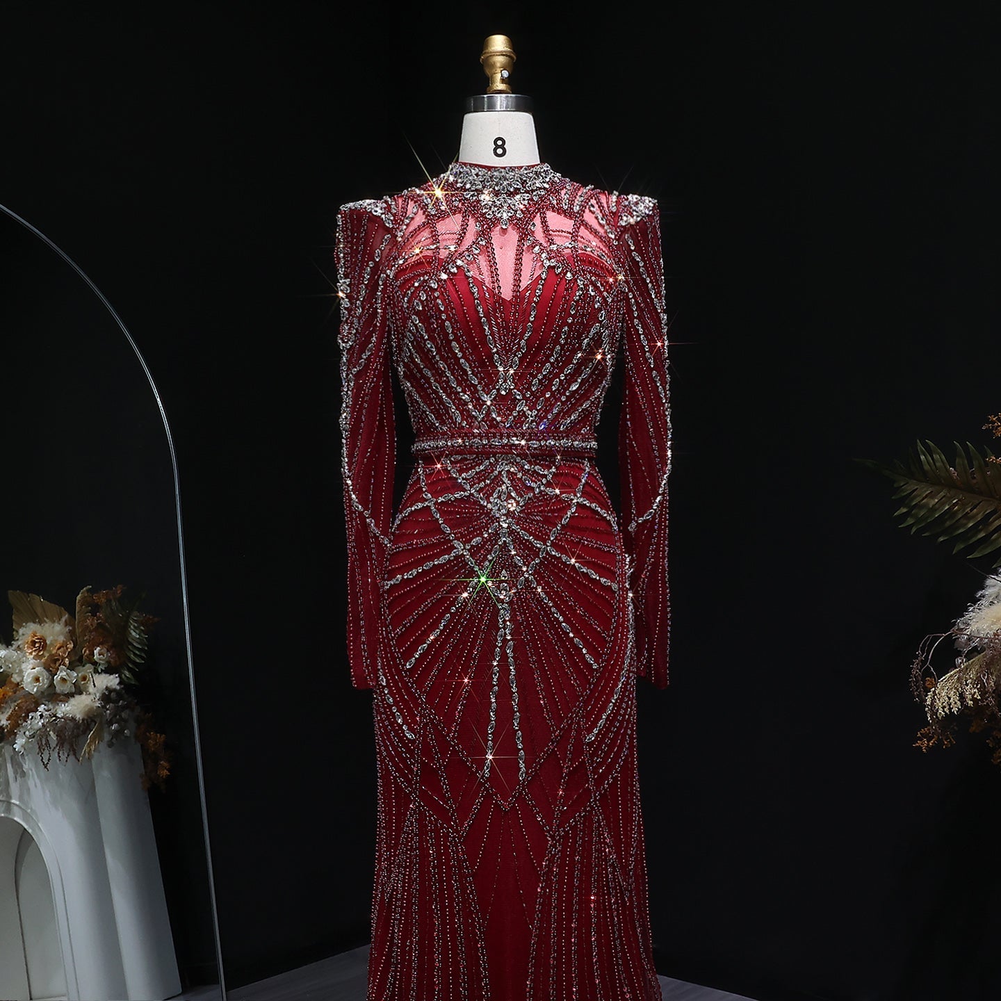 Luxury Champagne Beaded Crystal Long Sleeve Evening Dress SS186