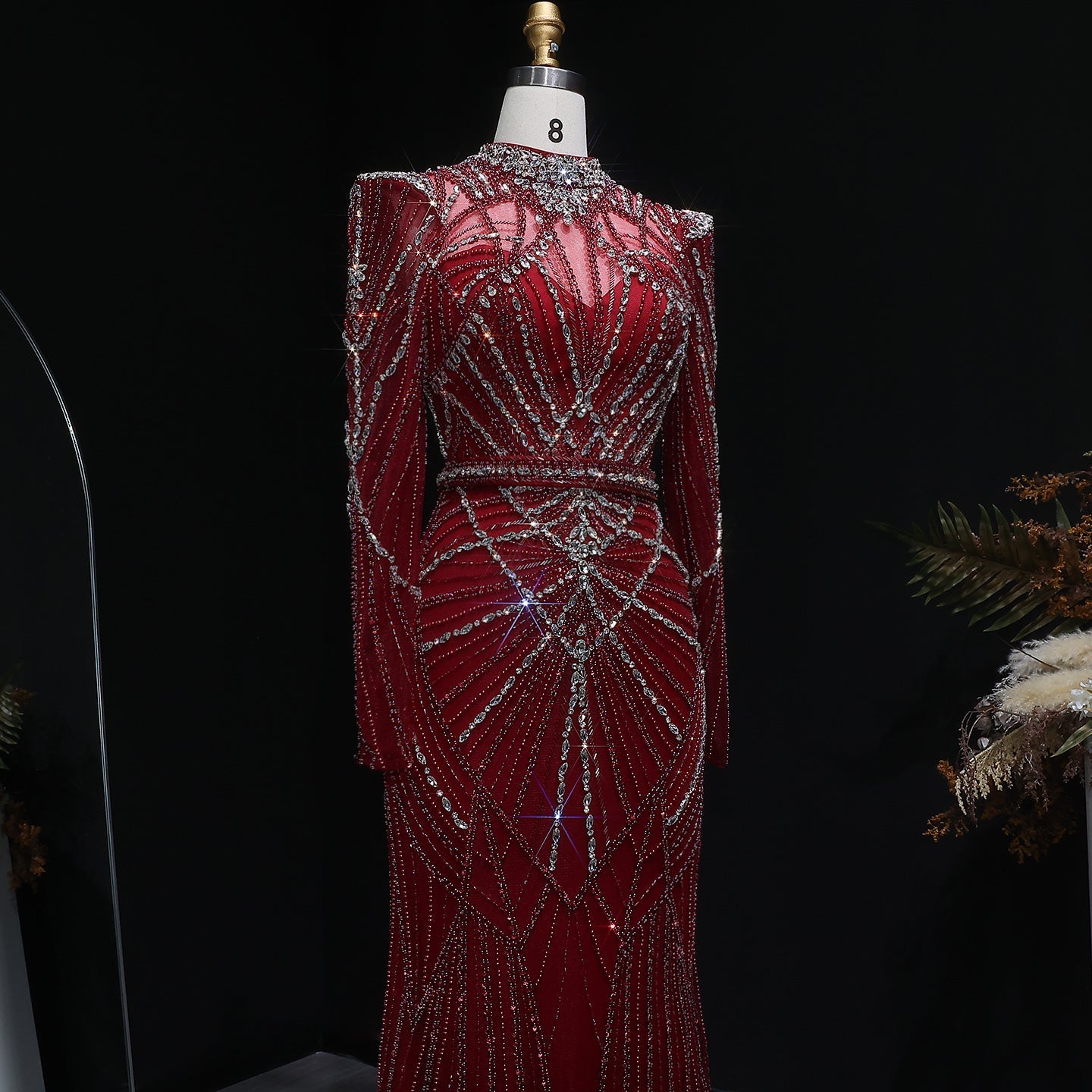 Luxury Champagne Beaded Crystal Long Sleeve Evening Dress SS186