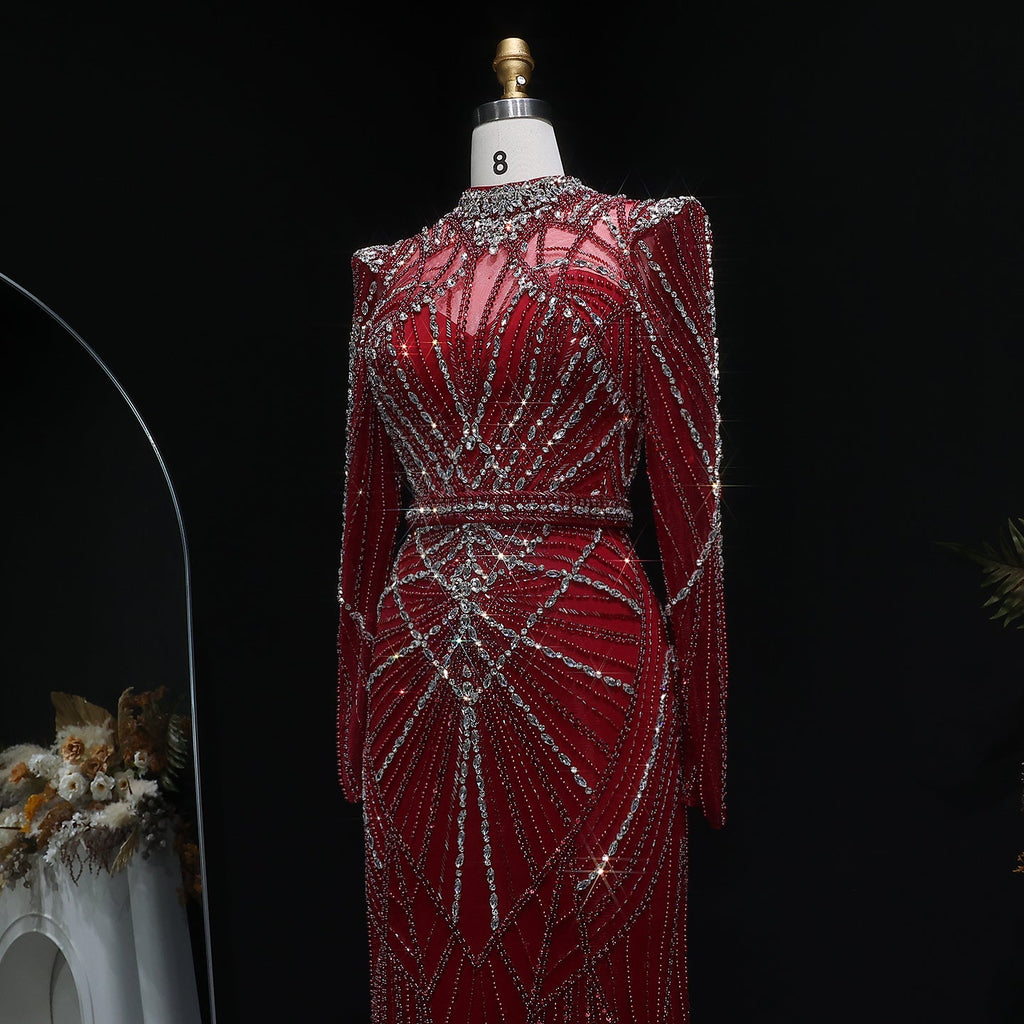 Luxury Champagne Beaded Crystal Long Sleeve Evening Dress SS186