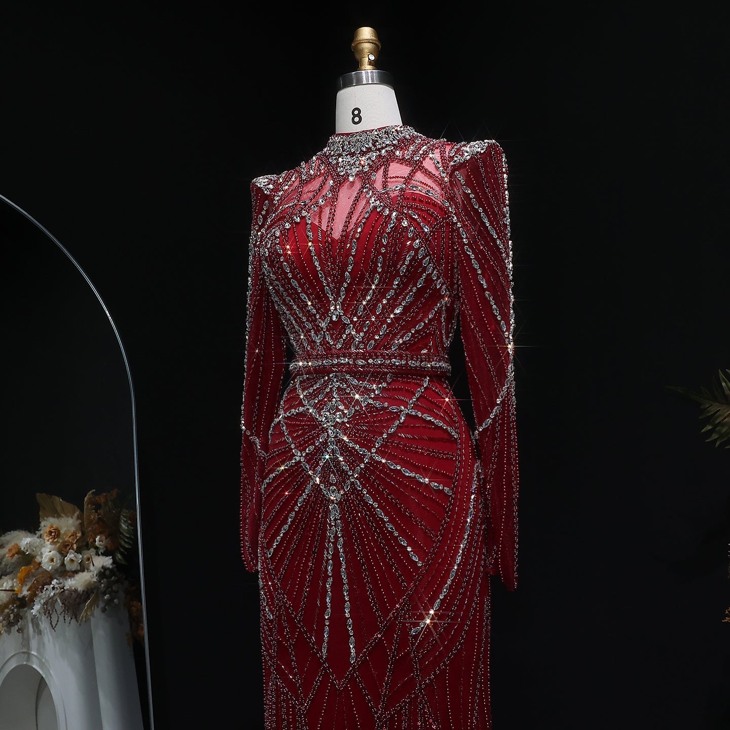 Luxury Champagne Beaded Crystal Long Sleeve Evening Dress SS186