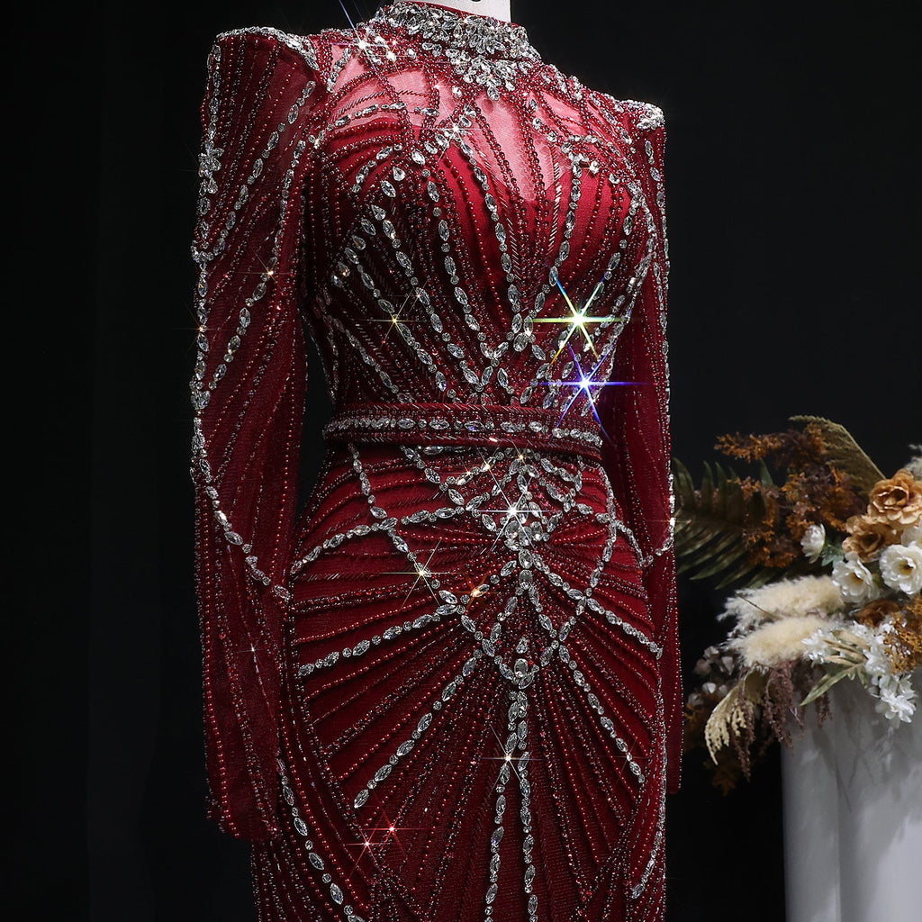 Luxury Champagne Beaded Crystal Long Sleeve Evening Dress SS186