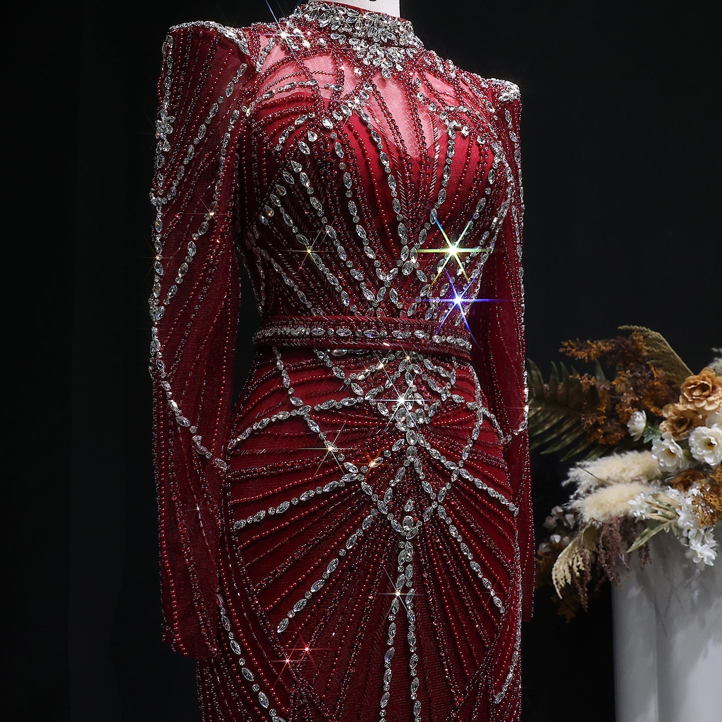 Luxury Champagne Beaded Crystal Long Sleeve Evening Dress SS186