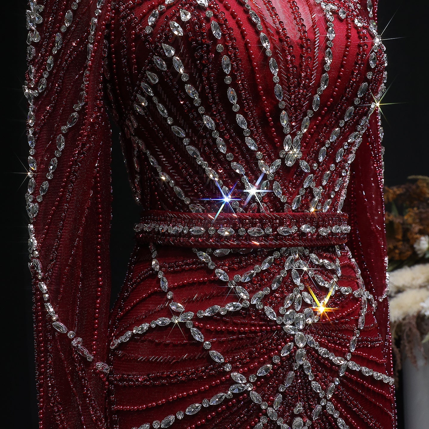Luxury Champagne Beaded Crystal Long Sleeve Evening Dress SS186